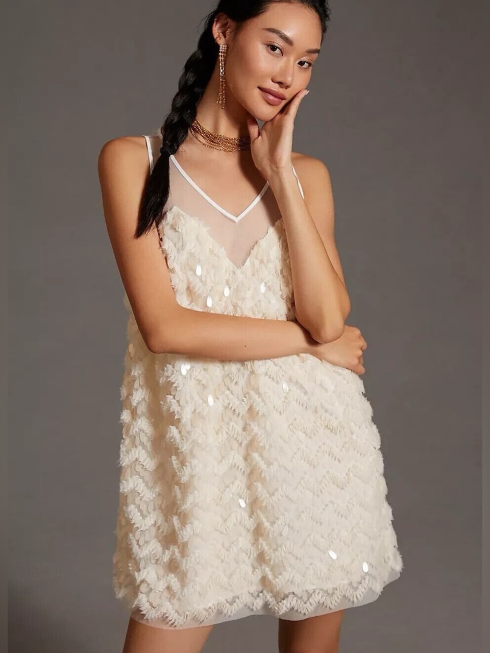 Anthropologie Maeve cream Sequin Mini Dress sz. M